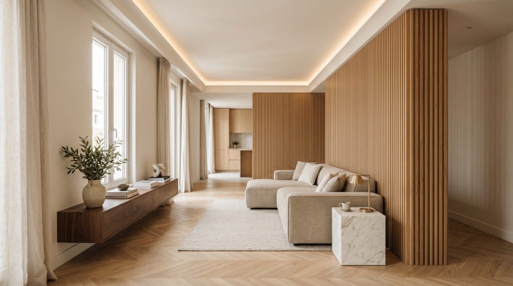 Salón reformado en una vivienda de Madrid con suelo de roble herringbone, mesa de mármol Calacatta y cinta LED en el techo