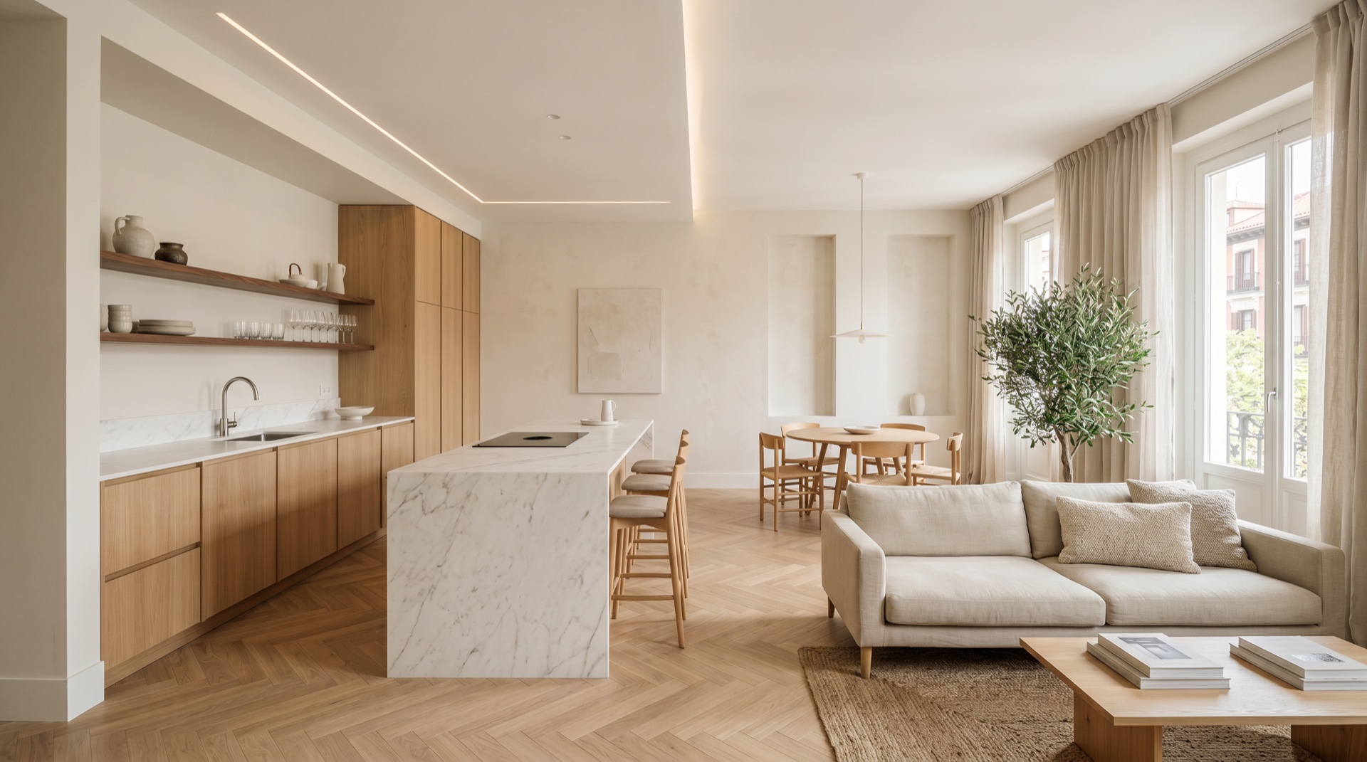 Cocina y salón reformados en una vivienda de Madrid con encimera de mármol Calacatta y suelo de roble