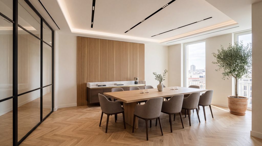 Sala de reuniones reformada en una oficina de Madrid con mesa de roble macizo y paneles fluted