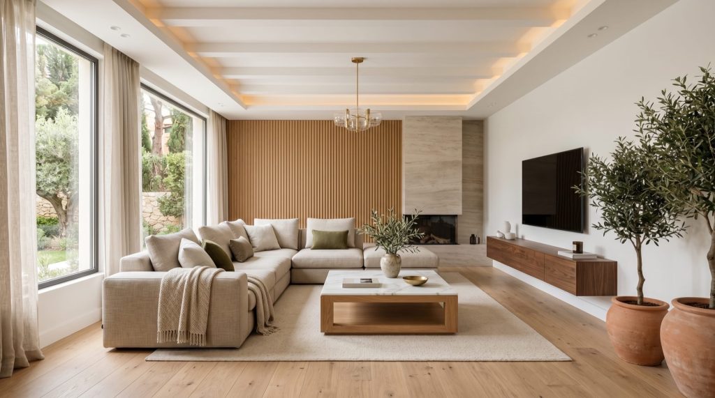 Salón reformado en un chalet de Mirasierra Madrid con sofá modular crema y paneles verticales de roble