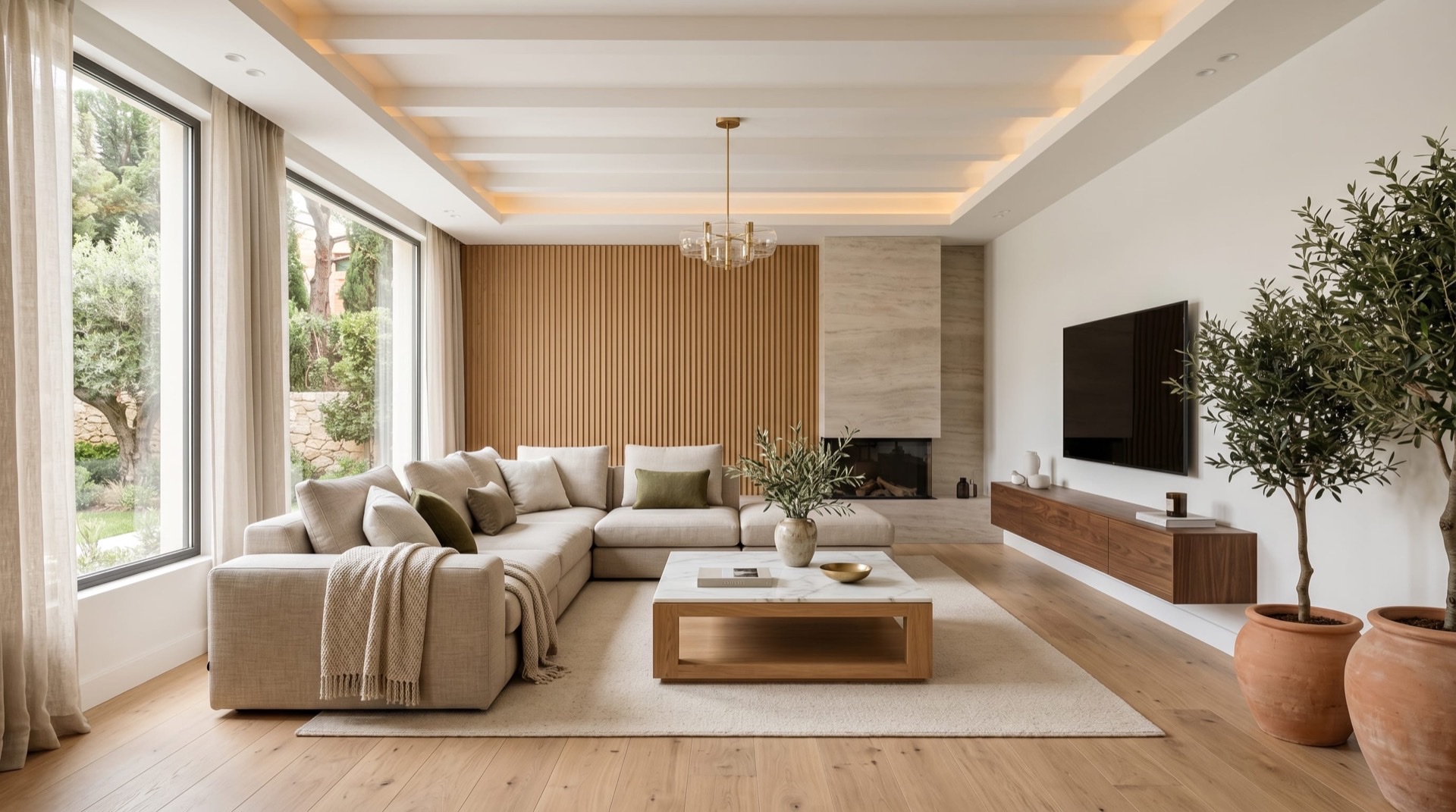 Salón reformado en un chalet de Mirasierra Madrid con sofá modular crema y paneles verticales de roble