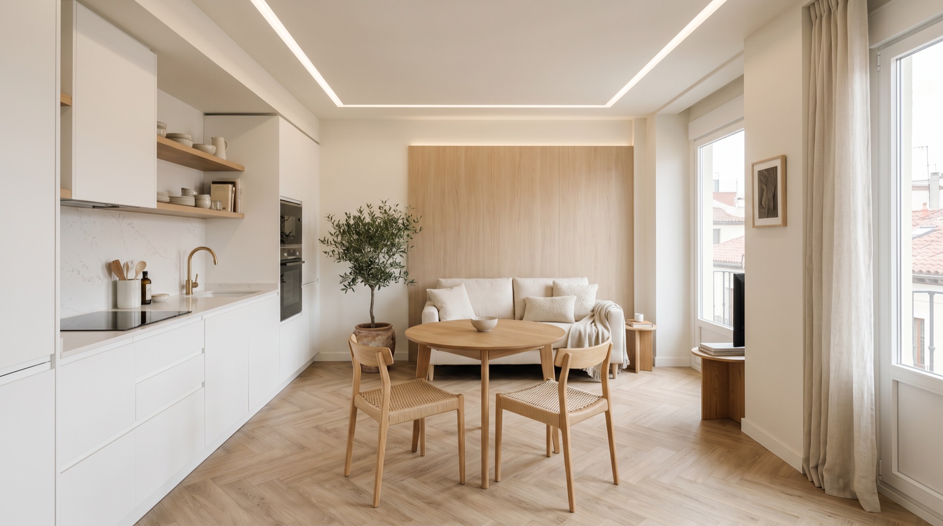 Salón reformado en una vivienda de Madrid con materiales nobles y acabados de autor