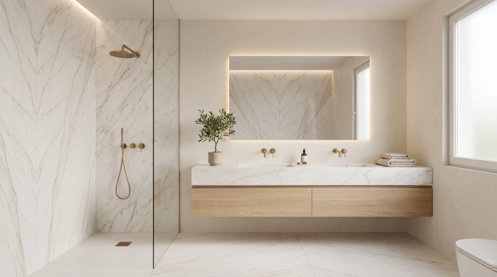 Baño reformado en Madrid con mármol Calacatta blanco, mueble flotante de roble y grifería en latón cepillado
