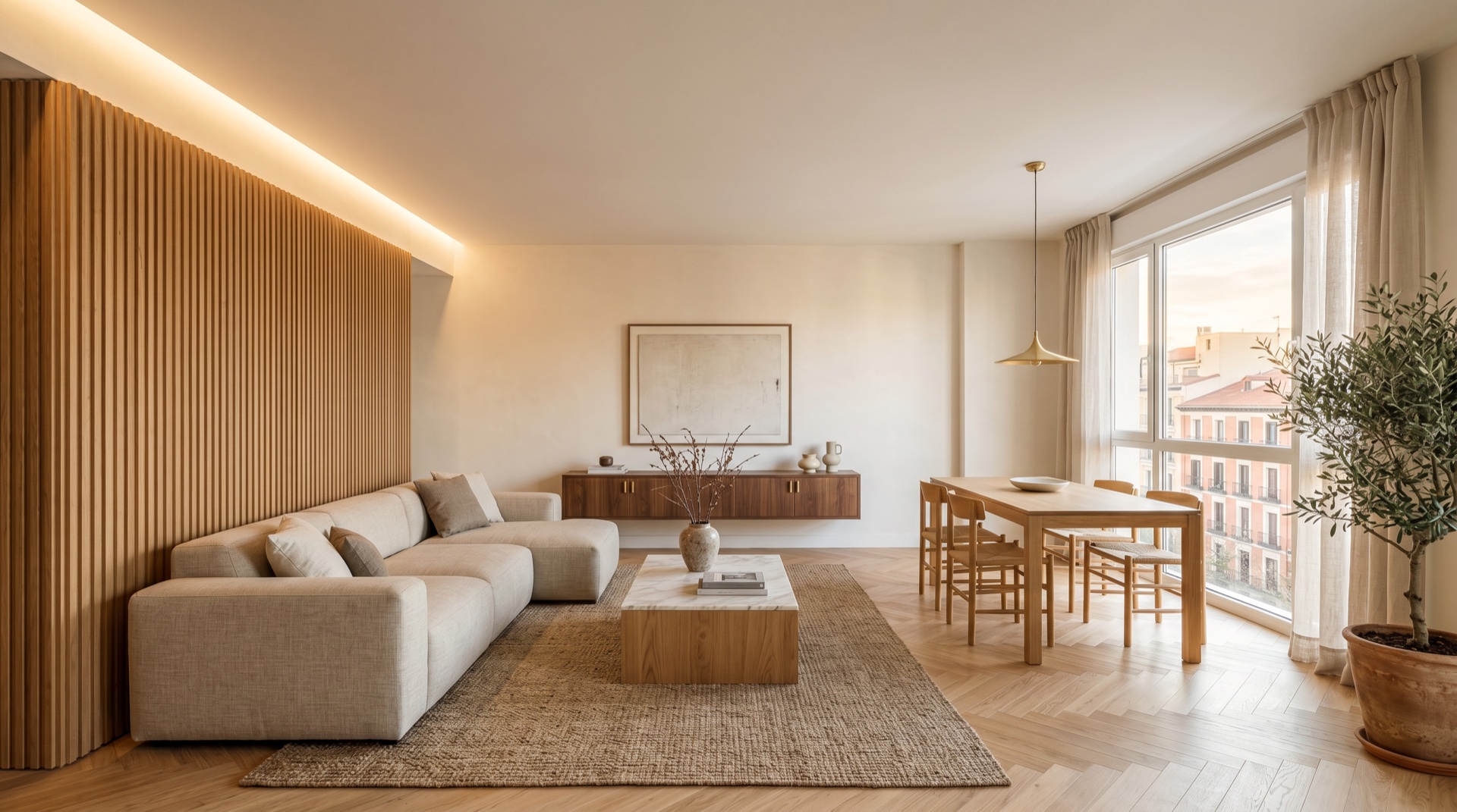 Salón comedor reformado en una vivienda del Barrio del Pilar, Madrid, con suelo de roble en espiga y panel vertical fluted