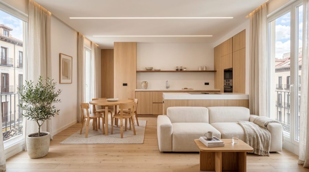 Apartamento urbano reformado en Madrid con cocina abierta integrada al salón y materiales nobles