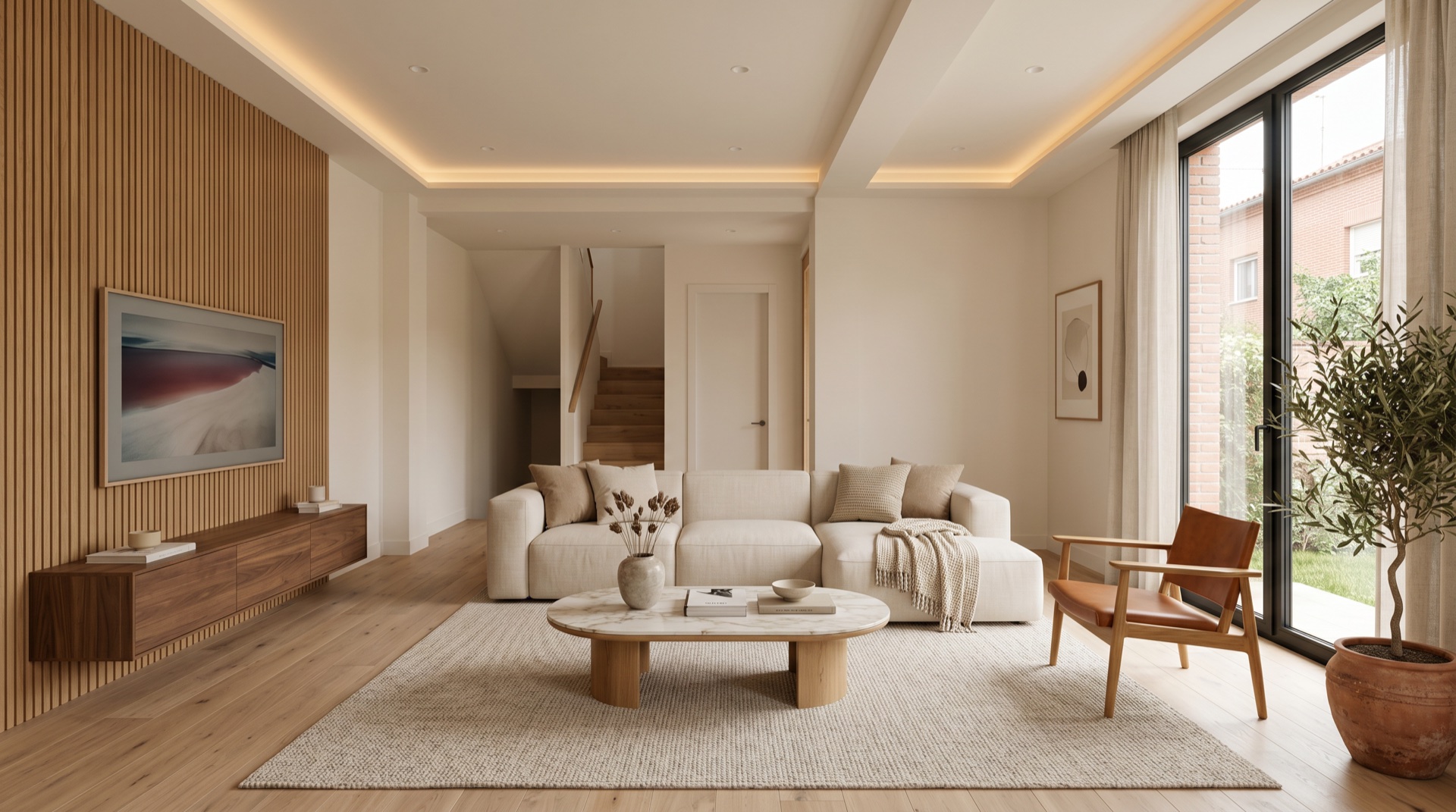 Salón familiar reformado en Fuencarral Madrid con materiales naturales