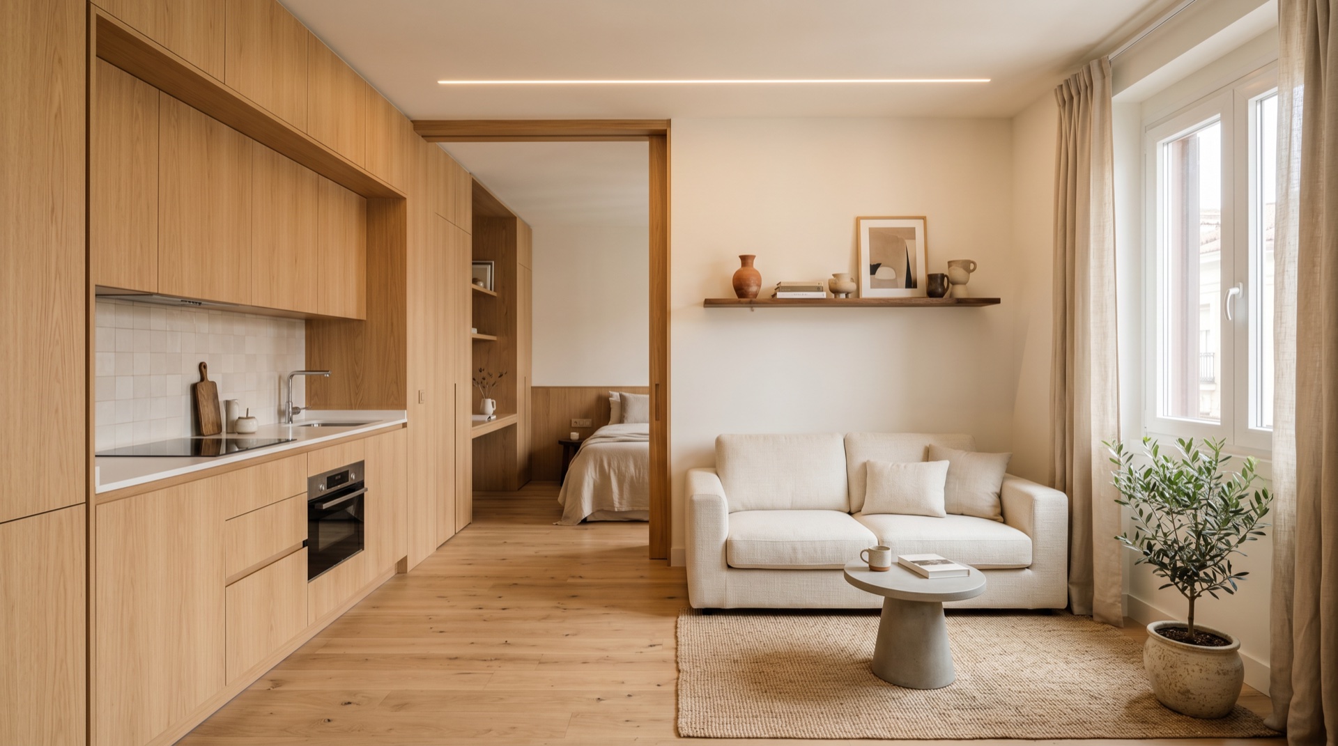 Estudio compacto urbano reformado en Madrid con cocina integrada y diseño minimalista