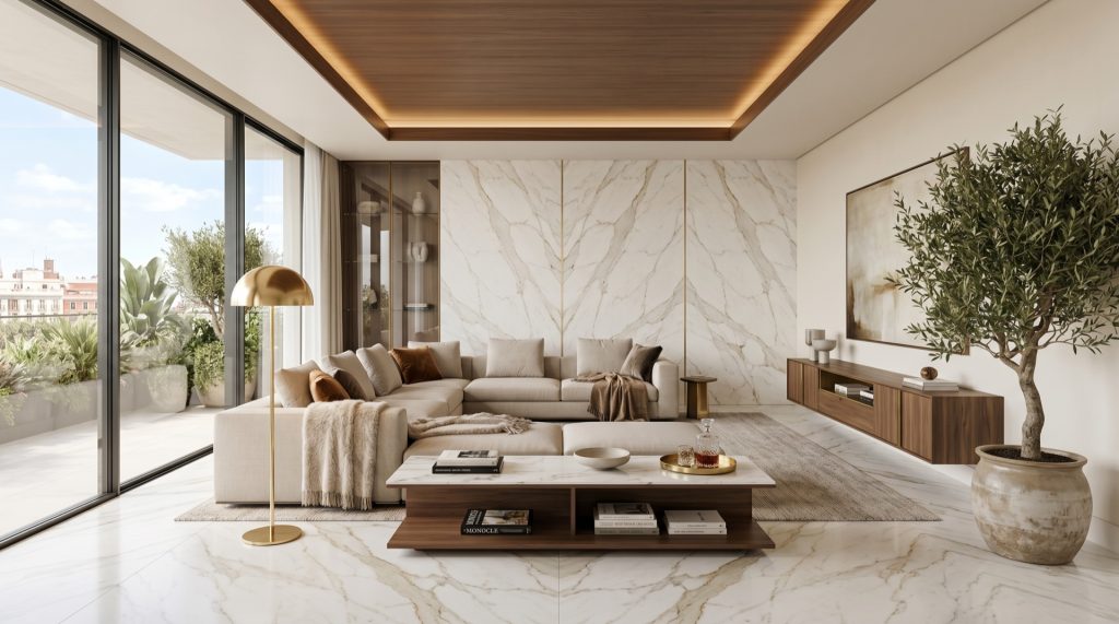 Salón premium en Madrid con muro de Calacatta, suelo de mármol y mobiliario nogal