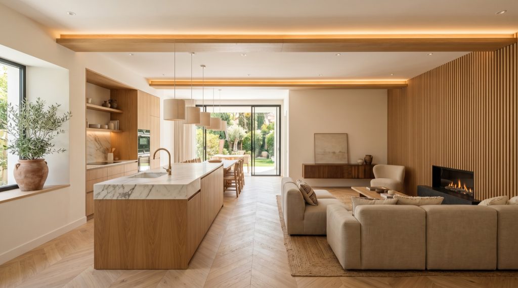Open-space de casa reformada en Madrid con cocina con isla de mármol Calacatta