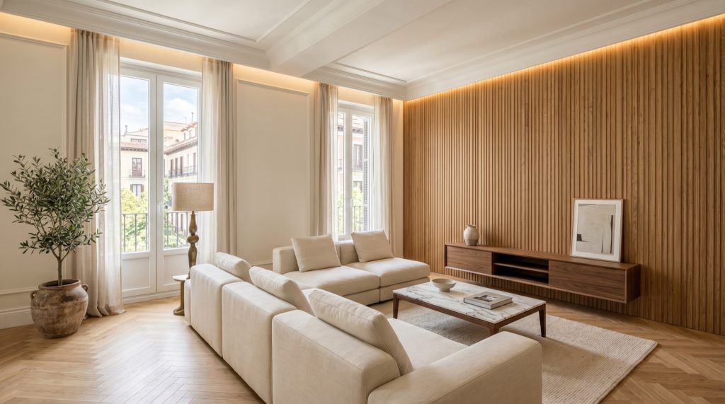 Salón refinado en piso reformado en Madrid con materiales nobles seleccionados