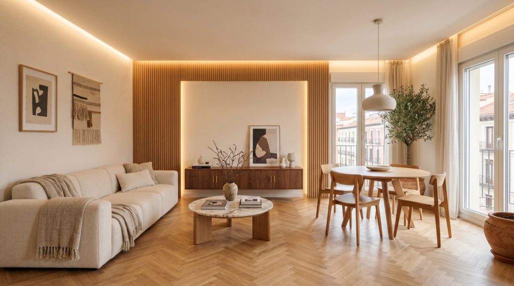 Salón de apartamento de barrio reformado en Madrid con materiales nobles