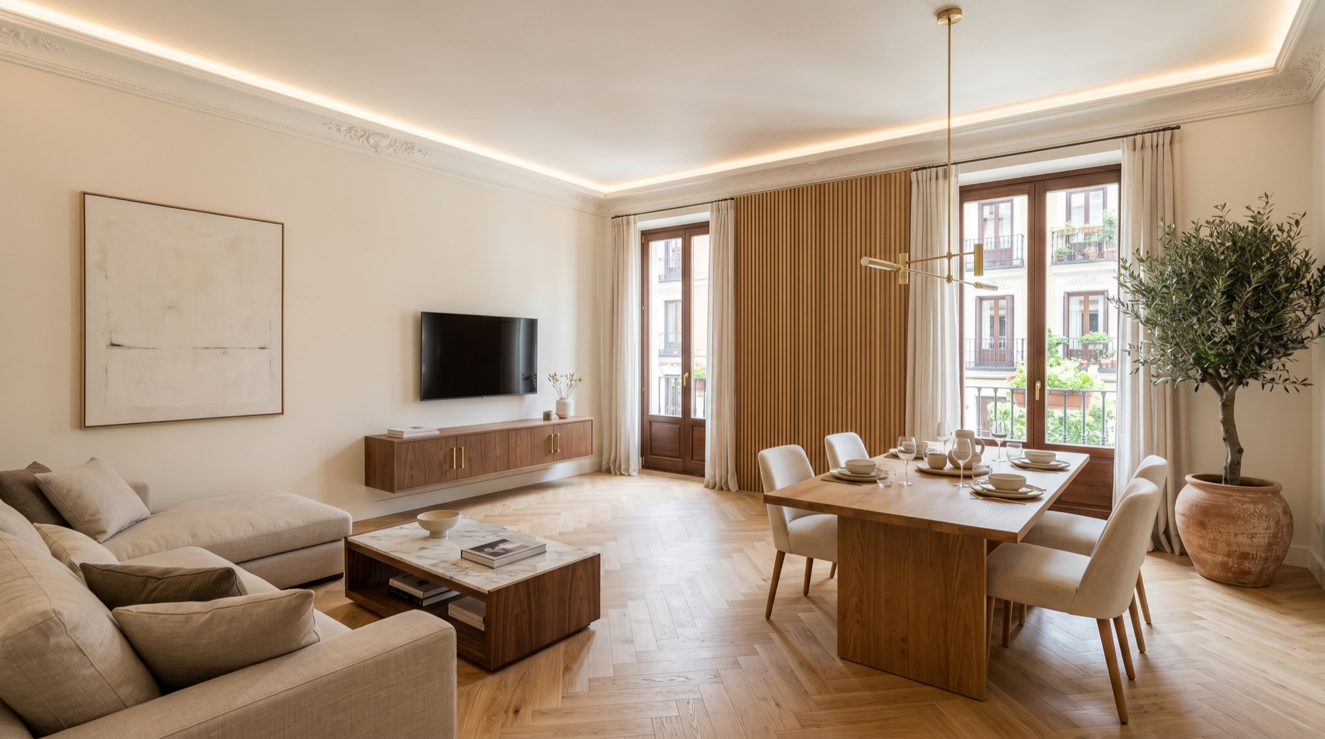 Comedor formal reformado en vivienda madrileña tradicional