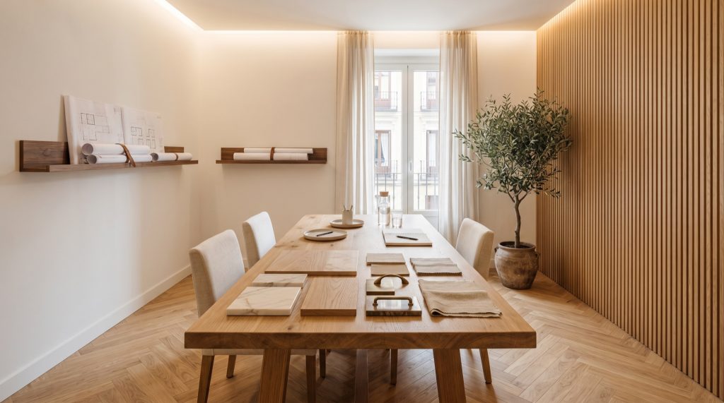 Estudio de interiorismo en Madrid con muestras de materiales
