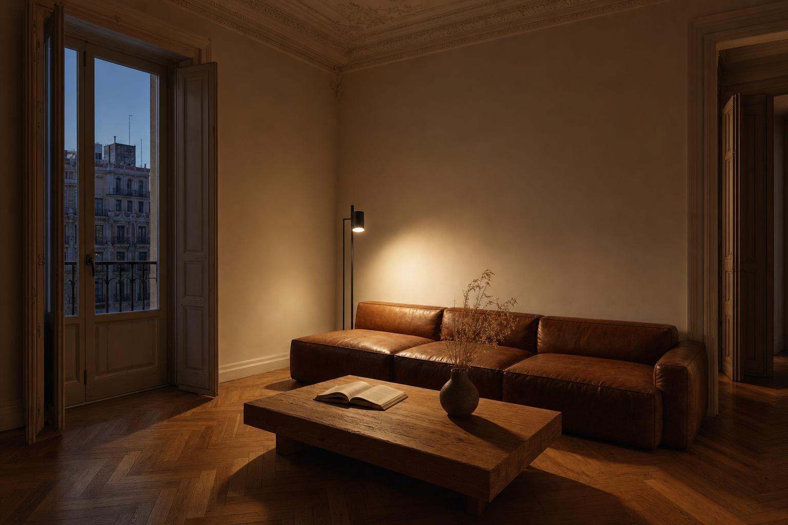 Salón de vivienda en Madrid con suelo radiante instalado bajo pavimento porcelánico de gran formato