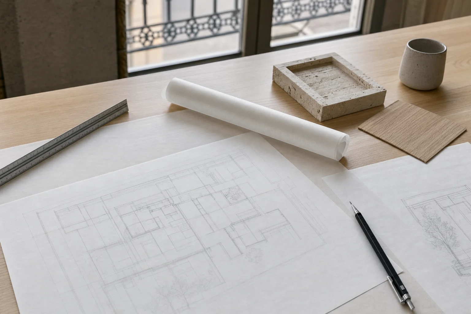 Planos y muestras de material sobre la mesa del estudio de tucasa en Madrid