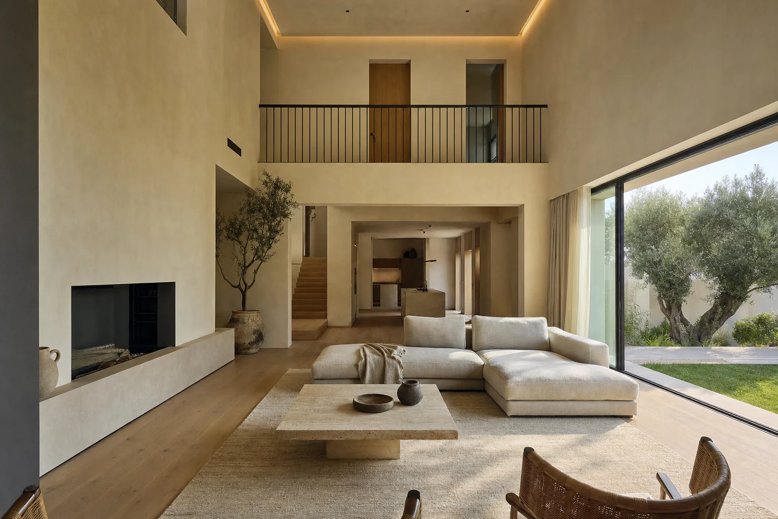Salón a doble altura de una casa reformada por tucasa estudio en Madrid