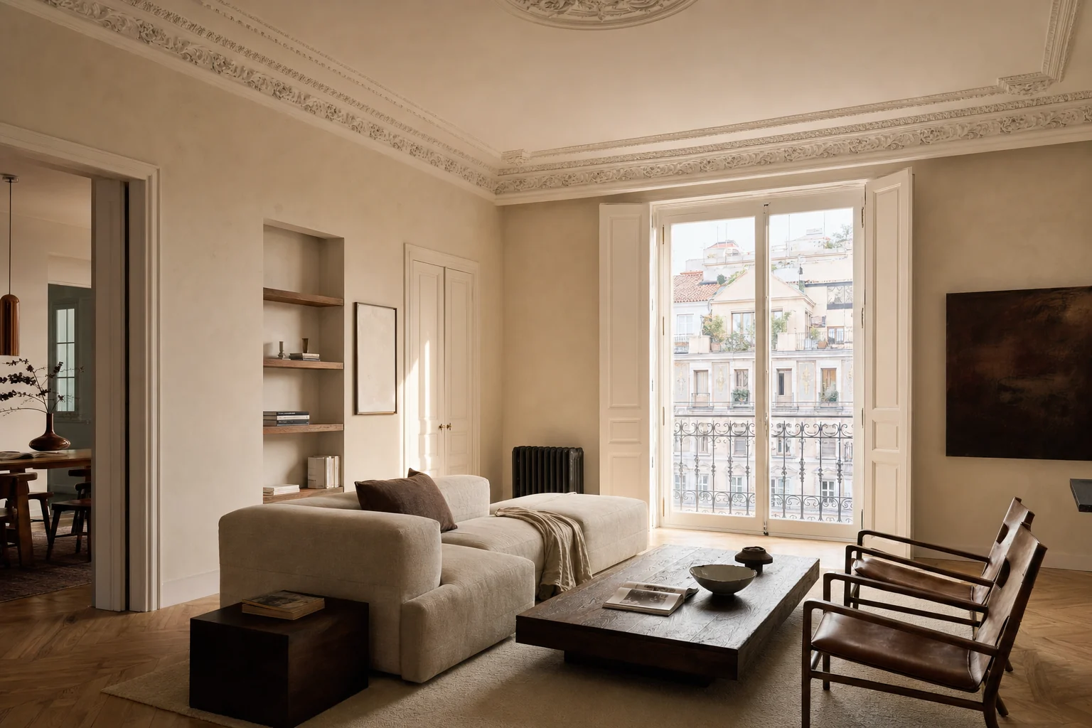 Salón reformado por tucasa estudio en un piso clásico del centro de Madrid